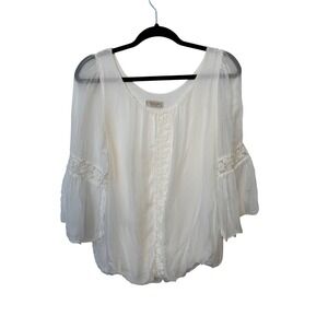 Bellambra Italy White Silk Blend Lace Bell Sleeve Bubble Hem Boho Blouse Small